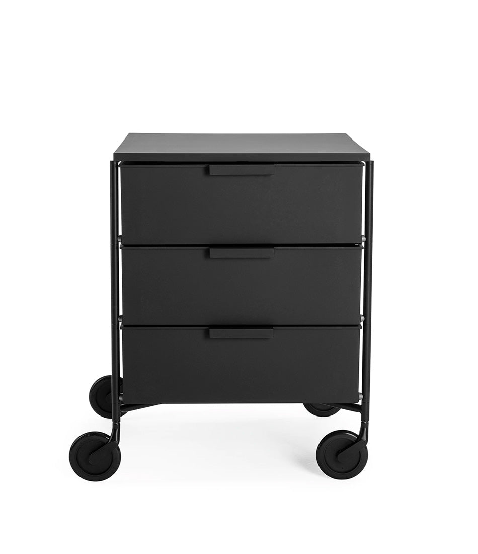 Three drawer storage unit on wheels.